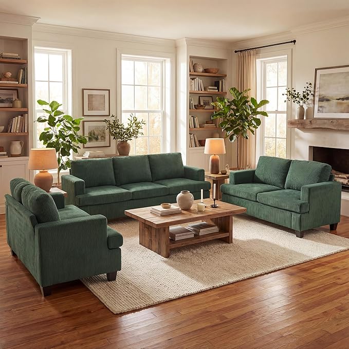 YOUDENOVA Sofa Couch, 3 Piece Set Comfy Sofa, 2 Loveseat & 3 Seater Sofa with Deep Seats for Living Room, Modern Sleeper Couch, Green Corduroy