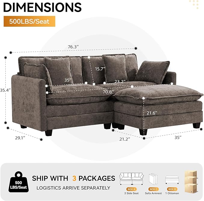 76'' Cloud Deep Seat Loveseat Sofa, Upholstered Chenille Modular 2-Seats Sectional Sofa Couch with Movable Ottoman, Modern Comfy Settee Loveseat for Living Room Set, Small Apartment, Brown