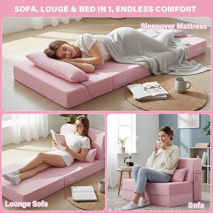 Tiita Convertible Folding Sofa Bed Twin Size for Adults with Pillow, Plush Fabric Floor Mattress Couch Bed, Washable Cover & Side Pocket, Guest Room, Dorm, Apartment, Living Room, Pink