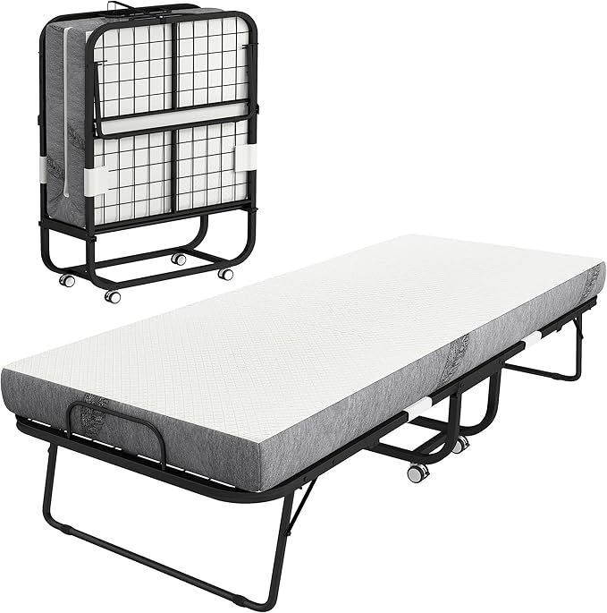 HOMCOM Folding Bed with Mattress for Adults, Long Cot Size, Portable Foldable Bed with 5" Memory Foam Mattress & Space-Saving Steel Frame, 79" x 31", Fold Up, Roll Away & Hideaway, White