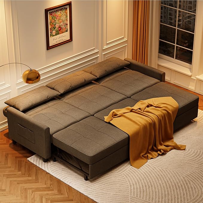 Aiho Sectional Sleeper Sofa, 84 Inch Pull Out Couch with Adjustment Backrest & Ottoman, Convertible Sectional Couch Bed for Living Room, Guest Room, Dark Grey
