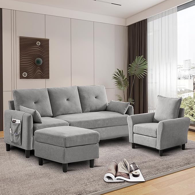 Convertible Sectional Sofa, 77" Small L Shaped 3 Seat Couch with Reversible Storage Chaise, and Accent Chair Set Modern Polyester Fabric Sofa Couches for Living Room, Apartment, Light Grey