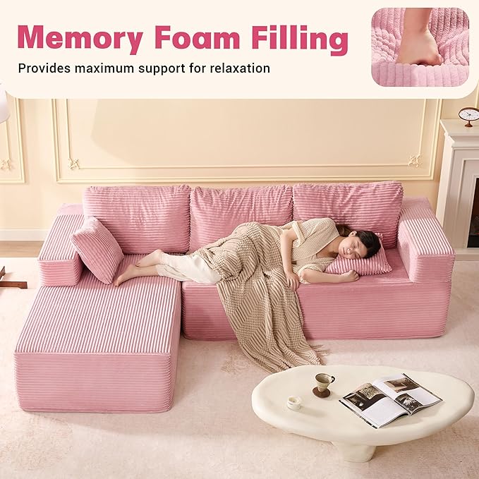 107" Boneless Couch with Deep Seat, Set of Modular Sectional Sofa, Cloud Sectional Couch for Living Room, No Assembly Required, Corduroy, L-Shape Left, Pink