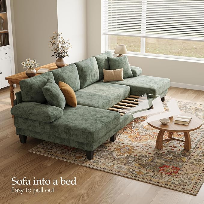 Txtin's Sleeper Sofa with Pull Out Couch Bed | 112 Inch Couches for Living Room | U-Shaped Convertible Sofa Bed | Chenille Green
