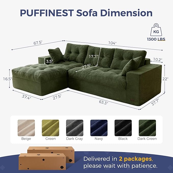 MAXYOYO 104" L Shaped Modular Sectional Sofa with Ottoman, Cloud Boneless Couch with Layered Cushion, Upholstered Sofa in a Box, Flexible Module Combination for Living Room, No Assembly, Dark Green