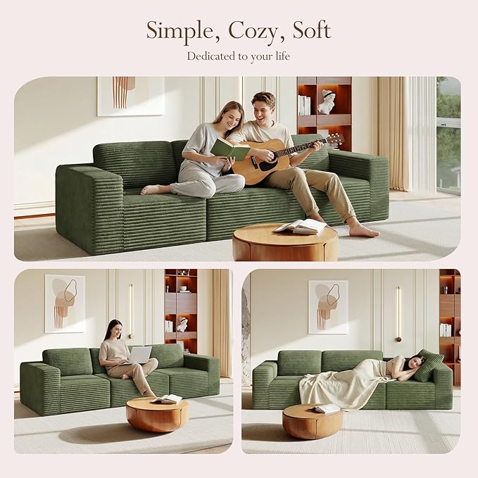 Vesgantti 119" Modular Sectional Sofa, Corduroy Cloud Couch with Deep Seating & Spring Support, 3 Seater Flexible Layout Sofa, Boneless Couch for Living Room & Apartment, No Assembly Required, Green