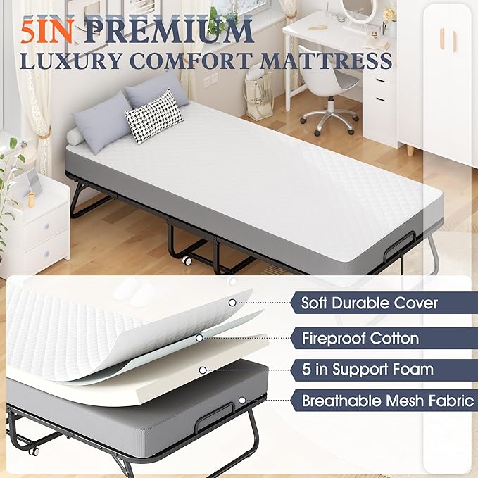 INTERGREAT Folding Bed, 75" x 38" Twin Size Frame, Folding Bed with 5-inch Memory Foam Mattress, Metal Foldable Twin Bed for Adults, Space Saving Portable Roll Away Beds for Easy Storage