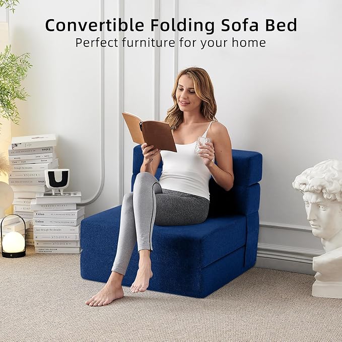 FILUXE Folding Sofa Bed | Convertible Sleeper Chair Bed for Adults, Fold Out Chair to Bed Linen Futon Chair with Pillow, for Home Dorm Apartment RV Living Room, Single Size Navy Blue