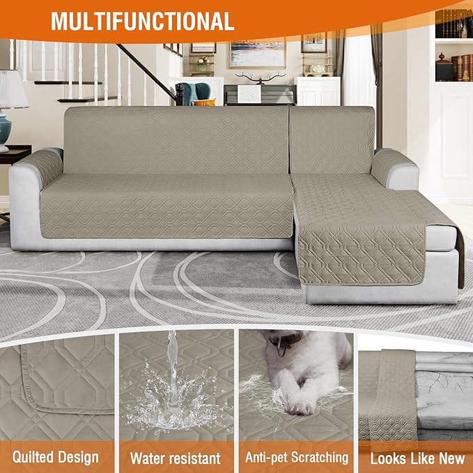 VANSOFY Sectional Couch Covers 100% Waterproof L Shaped Sofa Slipcover 3pcs Reversible Chaise Lounge Cover for Sectional Sofa Furniture Protector Cover for Pets Cat Dog(Large, Khaki)