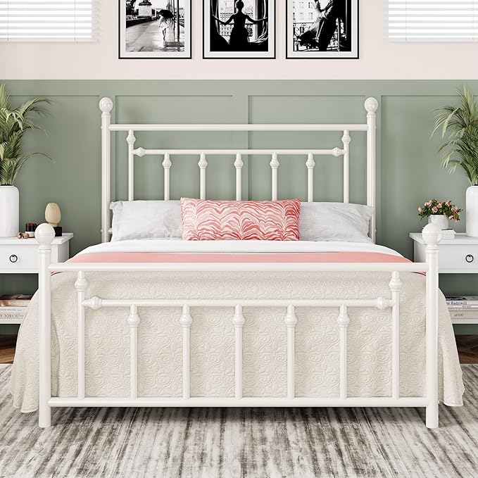Allewie 14 Inch Full Size Metal Platform Bed Frame with Victorian Vintage Headboard and Footboard/Mattress Foundation/Under Bed Storage/No Box Spring Needed/Easy Assembly/Noise Free/White