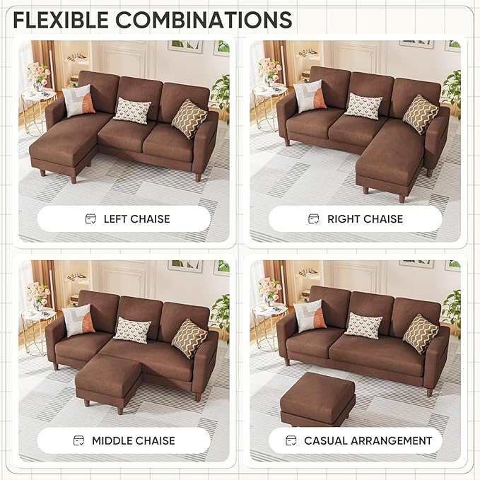 Homall Convertible Sectional Sofa 3 Seat L Shaped Couch with Side Storage Pocket, Sofas with Movable Ottoman, Small Linen Couches for Living Room & Apartment (Linen Fabric, Brown)