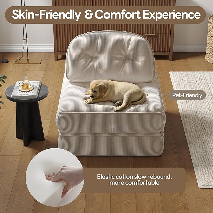 Dowinx Folding Sofa Bed with Pillow, Convertible Comfy Couch Bed for Adults Home Lounge and Gaming, Modern Comfortable Design for Apartment Living Room Bedroom, Single, Ribbed Velvet, White