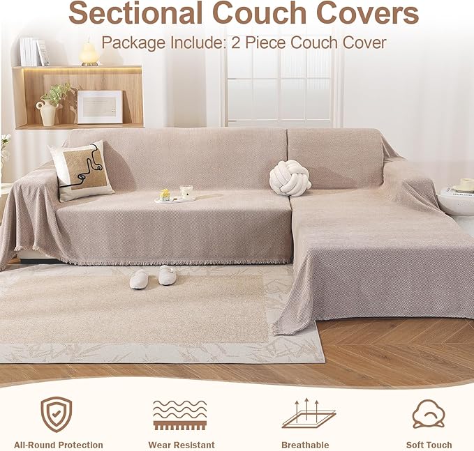 OstepDecor Sectional Couch Covers 2 Pieces, L Shaped Couch Cover Blanket, Sectional Sofa Cover Washable, Chaise Lounge Sofa Slipcovers Pet Furniture Protector for Dogs (71"x110"+71"x118", Khaki)
