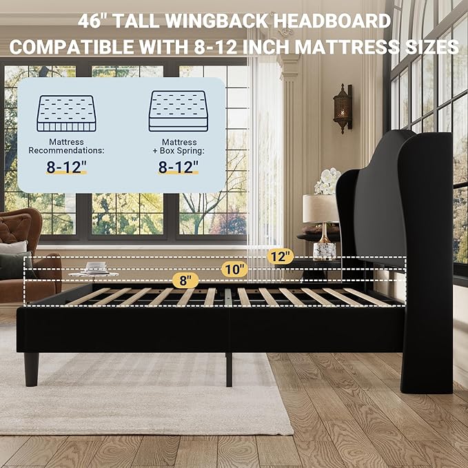 Allewie Full Size Bed Frame, Upholstered Wingback Platform with 47" Tall Tufted Headboard, Plush Velvet Fabric, Modern Minimalist Design, No Box Spring Required, Tool-Free Assembly, Black