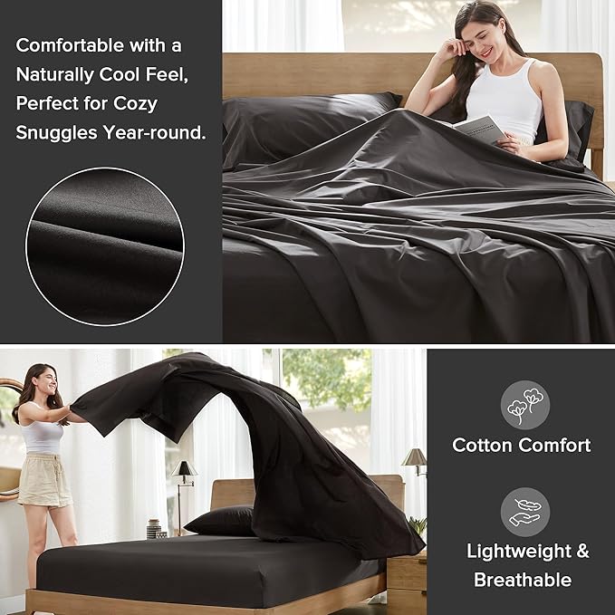 Comfort Spaces 100% Cotton Sheets Cal King, Breathable & Soft Cotton Sheets, Naturally Cool Cotton Bed Sheets with 14" Elastic Pocket Fits up to 16" Mattress, All Season Sheet Set, Black 4 Piece