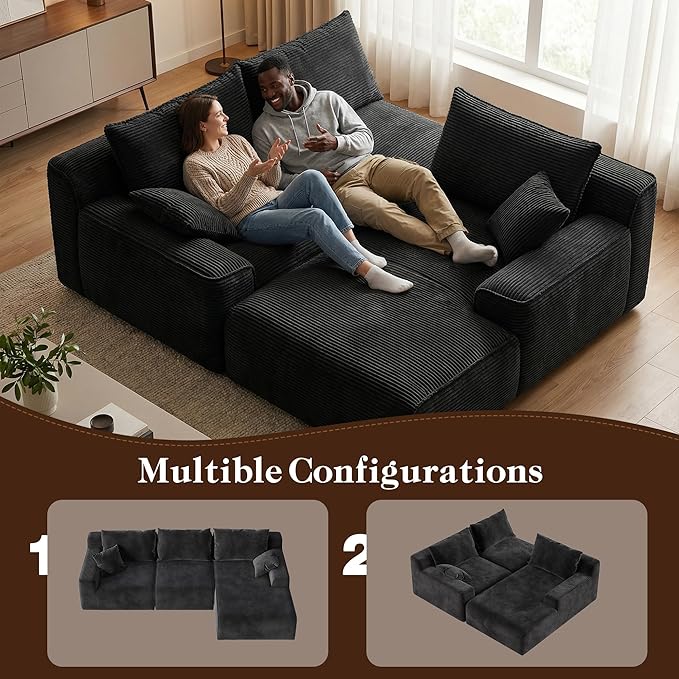 97" L-Shaped Cloud Boneless Couch with Deep Seat, Modular Sectional Sofa with Chaise, Flexible Module Combination for Living Room, Bedroom No Assembly (Black, Right Facing Chaise)