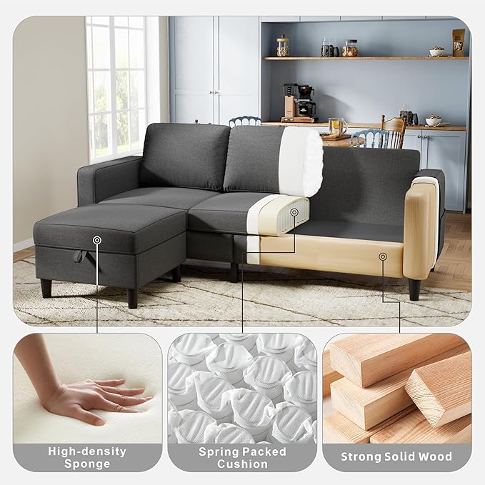 Sectional Sofa and Couches for Living Room, 78'' Dark Grey 3 Seat L-Shaped Couch with Movable Ottoman, Comfy Linen Convertible Sectionals Sofas with Chaise for Apartment, Dorm, Small Space