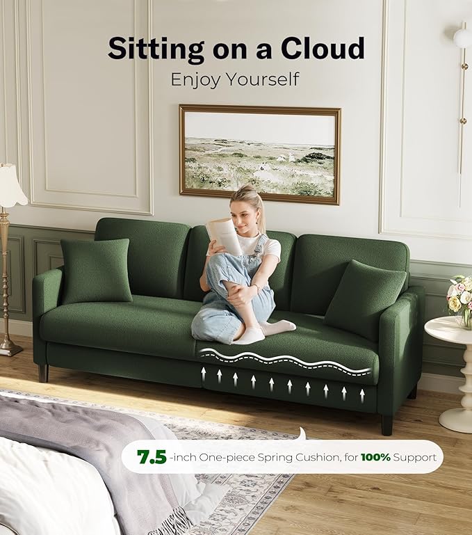 83" Couches for Living Room, Comfy Sofas for Living Room with Storage Ottomans, Teddy Sofa Couch, Tool-Free Loveseat Sofa, All-Wood Love Seat Couches, U Shaped Couch 2 Pillow Included, Green