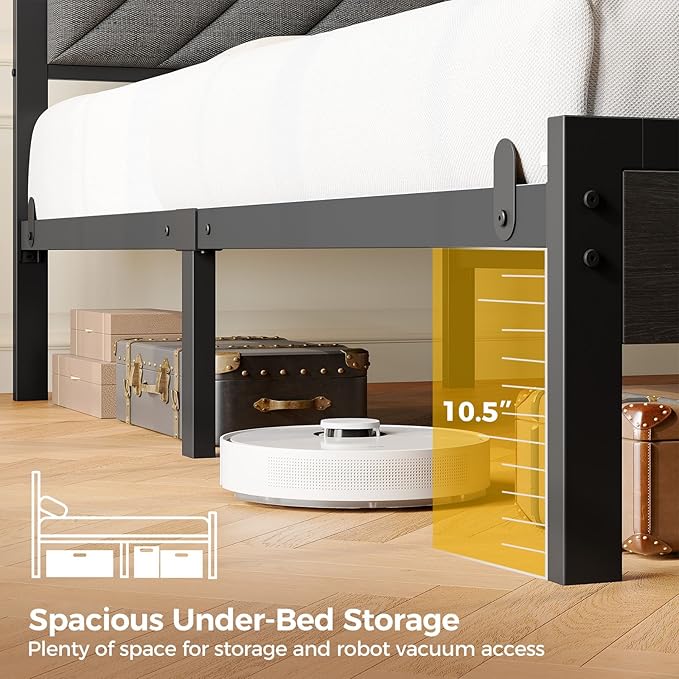 Seventable Bed Frame Full Size with Charging Station, LED Bed with Upholstered Storage Headboard, Metal Platform Bed with Under Bed Storage, No Box Spring Needed, Noise Free, Easy Assembly, Grey