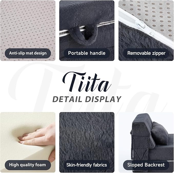 Tiita Convertible Folding Kids Sofa Bed with Pillow & Storage Bag, Plush Fabric Floor Mattress Couch Bed, Washable Cover, Kids Room, Playroom, Dorm, Apartment, Navy