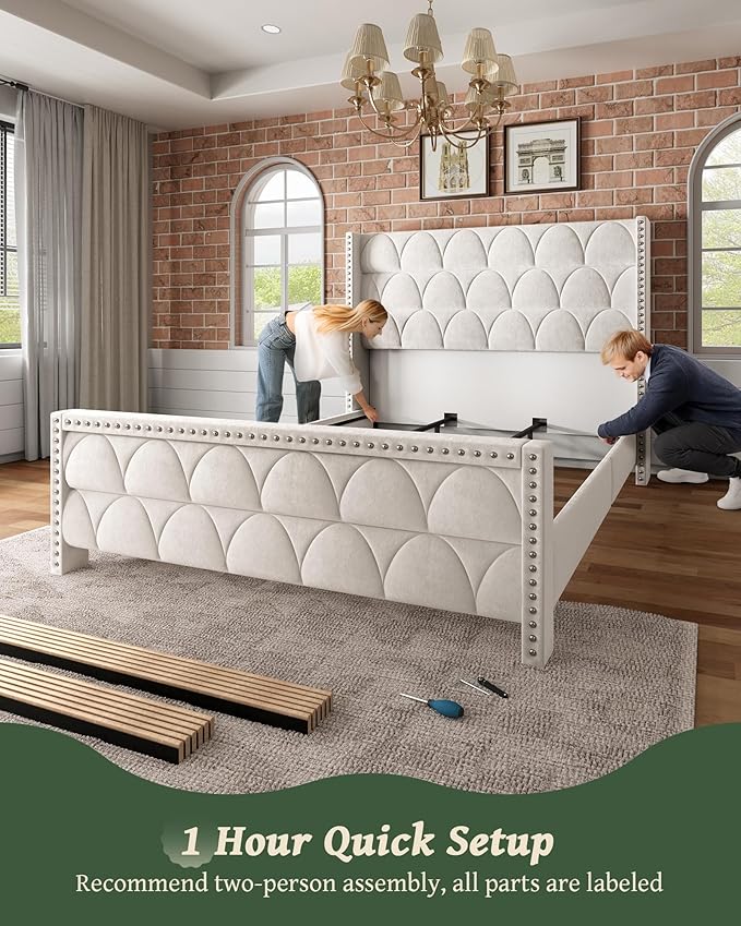 OHOHOLIVE King Size Bed Frame with 56" Headboard - Velvet Upholstered Wingback Platform Bed Frame, Noise Free, Sturdy Wooden Slat Support (Cream, King)