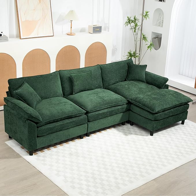 Oversized Modular Sectional Sofa, 111.8 Inch L Shaped Cloud Couch Set, 3-Seat Comfy Convertible Sofa with 1 Movable Ottoman, DIY Combination Sleeper Couch for Living Room(Chenille, Green)