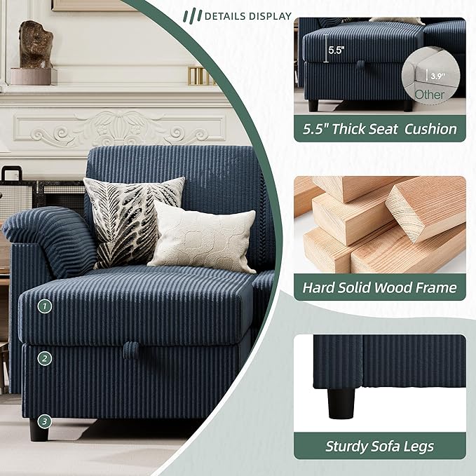 Vongrasig 79" Convertible Sectional Couches Sofa with Storage Ottoman, 3 Seat L Shaped Couch with Side Storage Pockage, Small Couches for Living Room, Apartment and Small Space, Dark Blue