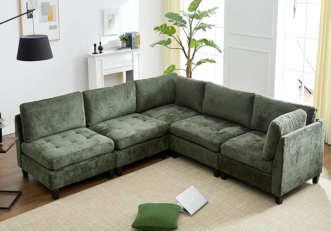 Luxe Oversized Modular Sectional Sofa，Modern Chenille Convertible Corner Couch，Comfy 5 Seater L-Shaped Sofas Sectional Cloud Couch for Living Room（Green，5-Seater）