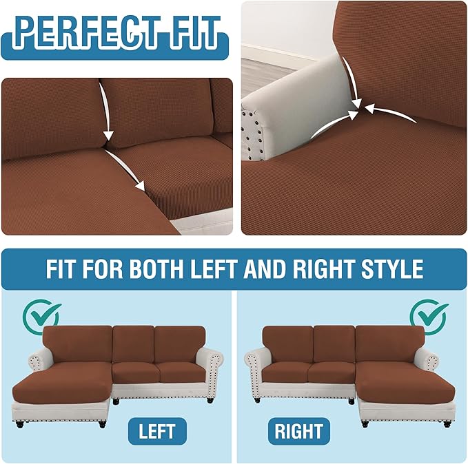 H.VERSAILTEX Sectional Couch Covers 6 Pieces Stretch Sofa Covers for Sectional Sofa Set Separate L Shaped Couch Cover for Both Left/Right Couch (Seat and Back: 1 Chaise + 2 Sofa, Caramel)