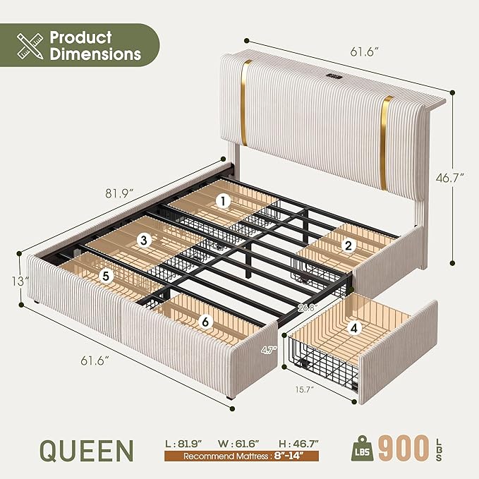 Homkdom Queen Bed Frame with 6 Storage Drawers, Upholstered Bed Frame Queen Size with Adjustable Headboard, LED Light & Charging Station, Heavy Duty Metal Support,Modern,Beige