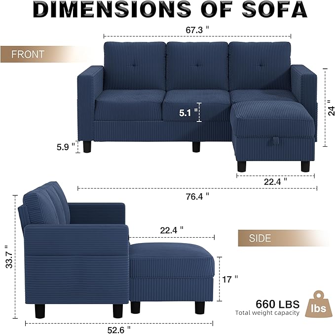 JAMFLY Convertible L-Shaped Sectional Sofa with Reversible Storage Ottoman, 3-Seat Couch with Side Pockets, Modern Compact Furniture for Small Apartments, Studios & Lofts, Blue