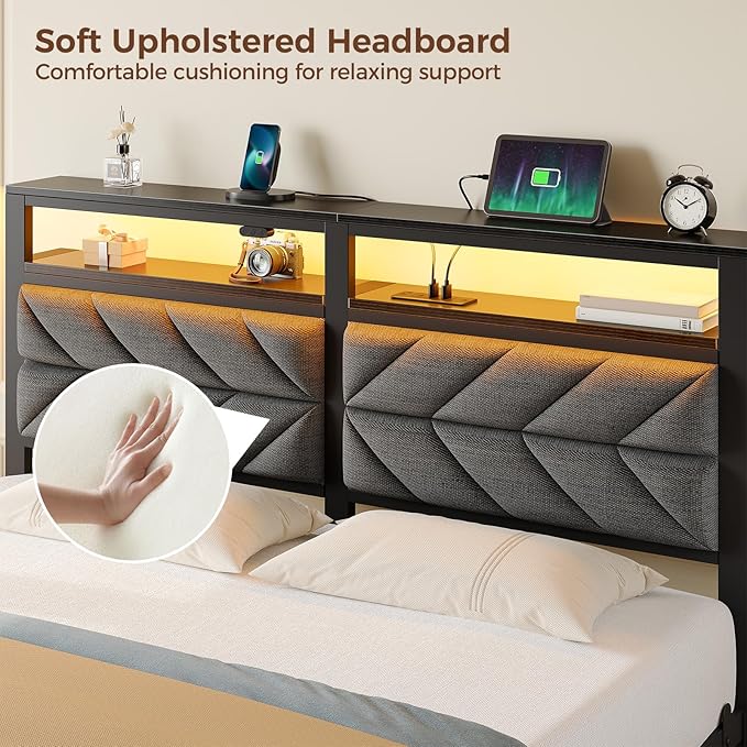 Seventable Bed Frame Full Size with Charging Station, LED Bed with Upholstered Storage Headboard, Metal Platform Bed with Under Bed Storage, No Box Spring Needed, Noise Free, Easy Assembly, Grey