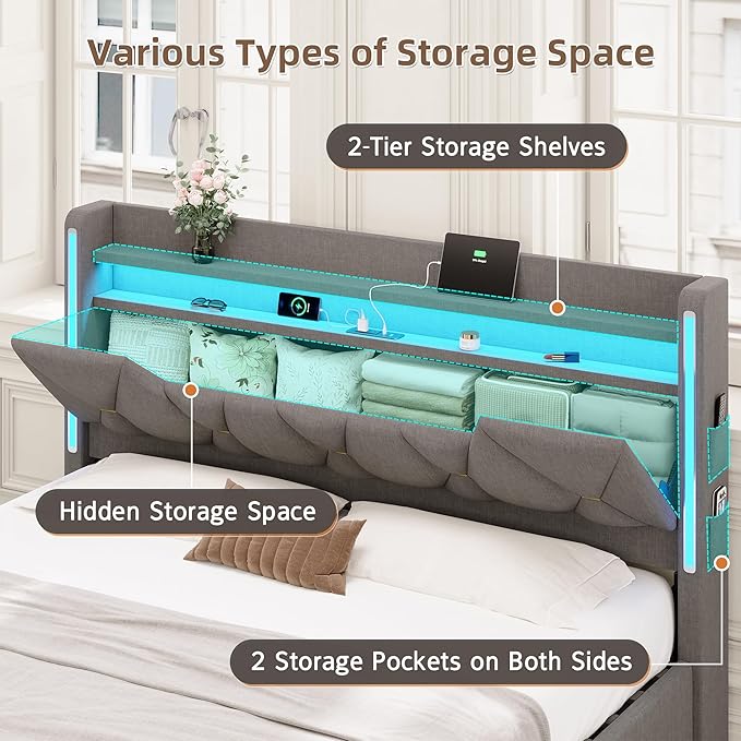busyaeh Queen Size Bed Frame with 4 Drawers,Light up Bed Frame with Headboard and Storage, Metal Queen Platform Storage Queen Bed with Charging Station, No Box Springs Needed, Easy Assembly,Dark Gray