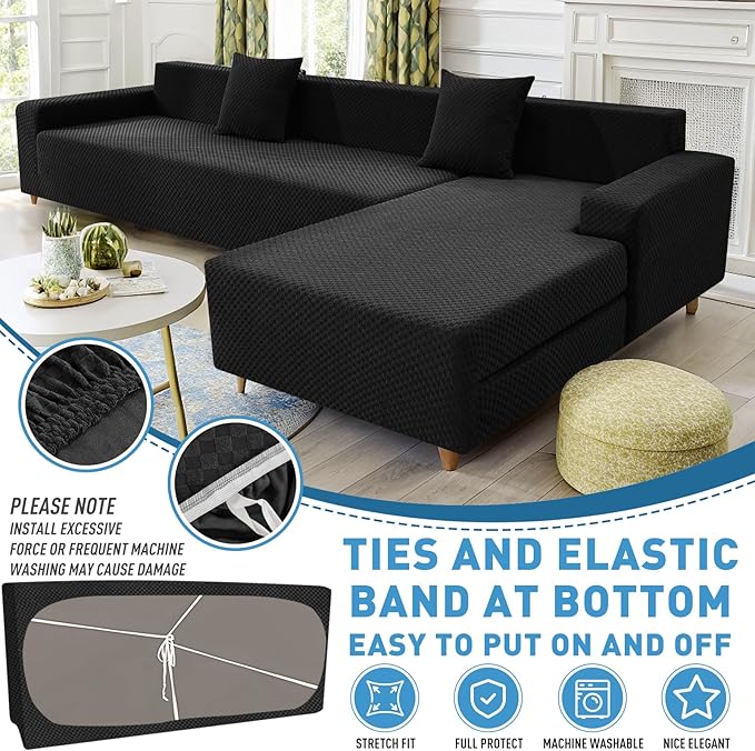 ZNSAYOTX Sectional Couch Covers, Stretch Jacquard Slipcovers with Elastic Bottom for L-Shape Sectional Sofa, 2 Pcs Pet Friendly Modular Sofa Protector (3 Seat Couch + 2 Seat Chaise, Black)