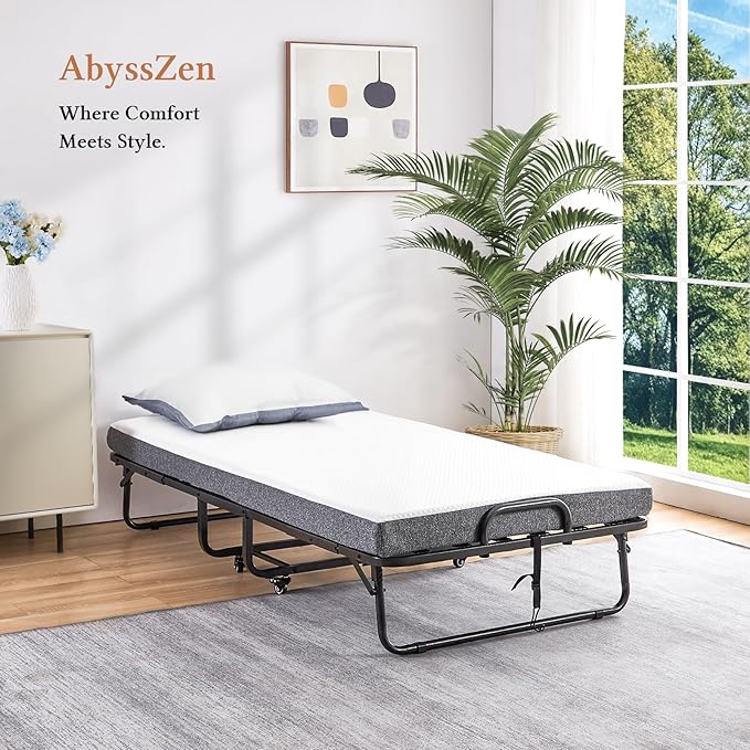 AbyssZen Twin Size Folding Bed with Mattress, 75" x 38" RollawayBed Guest Foldable for Adults, Portable Extra Bed with Memory Foam Mattress, Space-Saving Fold Up for Easy Storage