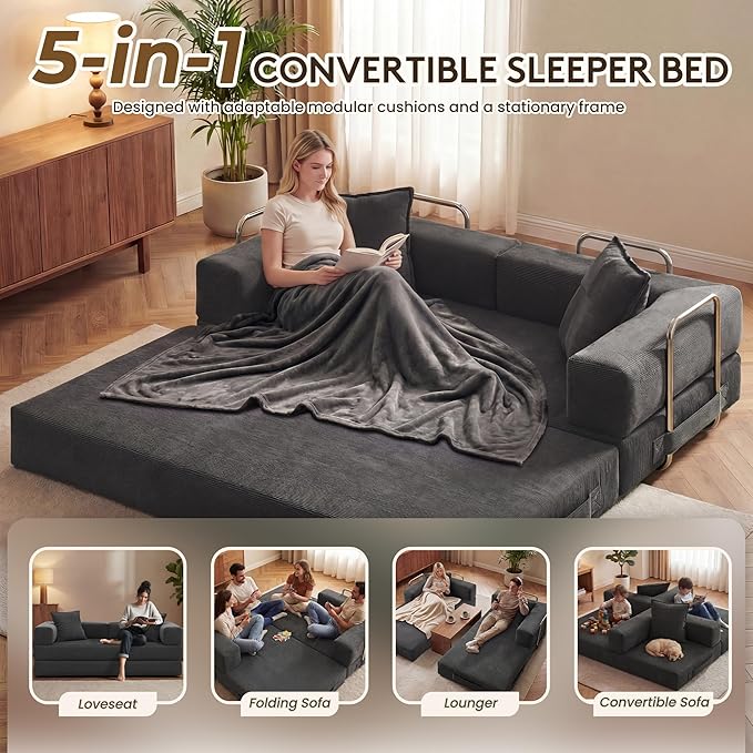 78 Inch Convertible Sofa Bed, 5-in-1 Futon Sofa Bed Pull Out Couch, Boneless Couch Bed for Living Room, Corduroy Boneless Couches for Bedroom, Apartment, No Assembly Sleeper Sofa Bed, Gray | 4 Fixed-Shape Frame, Removable Corduroy, High-density foam, W...