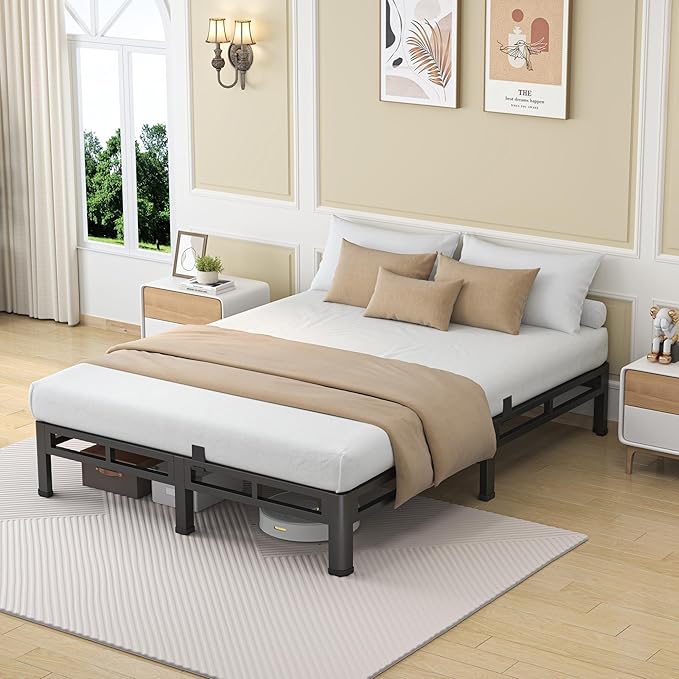 NKZ 7 Inch Queen Size Bed Frame, Metal Bed Frame & Box Spring 2 in 1 Platform with Round Corner Legs, 4000Lbs Heavy Duty Low-Profile Frame, Mattress Slide Stopper, Noise-Free, Easy Assembly