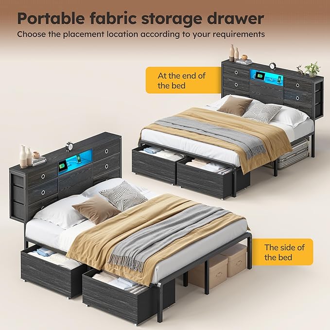Homkdom Queen Size Bed Frame with 8 Fabric Storage Drawers, LED Lights & Charging Station, Metal Platform Bed Frame with Headboard Storage,No-Noise,Easy Assembly,Black