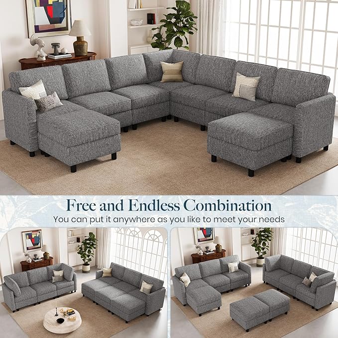 Belffin 107.1" 9 Seats Modular Sectional Sofa U Shaped Couch Big Corner Washable Sectional Couches for Living Room Comfy Couches with Storage Seat Couch Sofas with Chaise,Grey