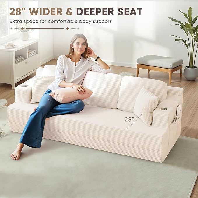 Homall 87” Boneless Sofa Couch with 2 Pillows Extra Deep Seats, Corduroy Fabric 3 Seater with Cup Holder & Storage Pocket Upholstered Floor Easy Installation (White, 3 Seater)
