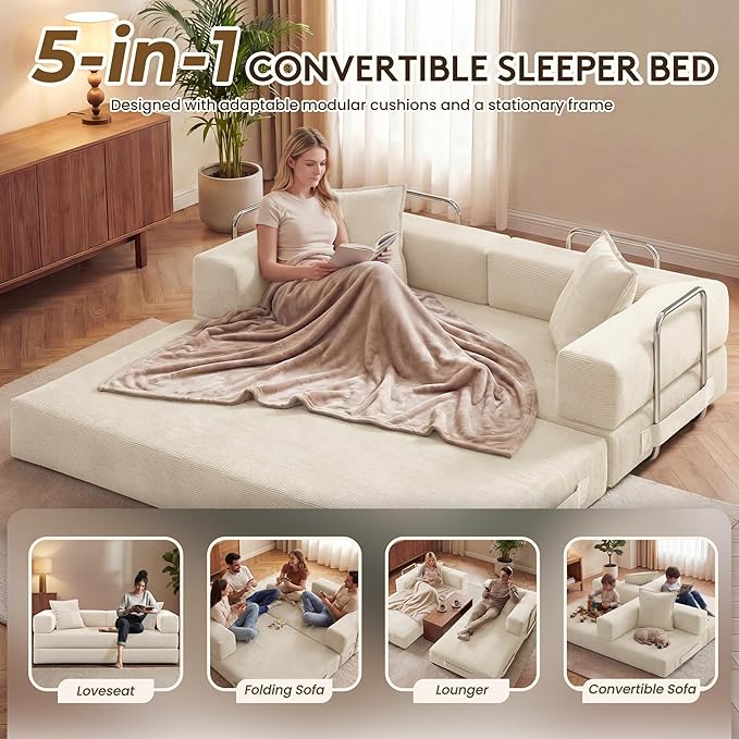 78 Inch Convertible Sofa Bed, 5-in-1 Futon Sofa Bed Pull Out Couch, Boneless Couch Bed for Living Room, Corduroy Boneless Couches for Bedroom, Apartment, No Assembly Sleeper Sofa Bed, Beige | 4 Fixed-Shape Frame, Removable Corduroy, High-density foam, ...