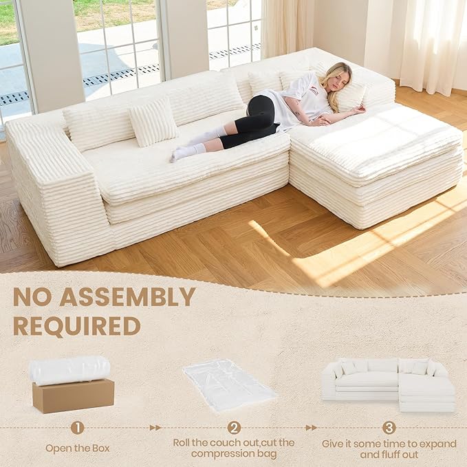 Belffin Boneless Cloud L Shaped Couch with Deep Seat Plush Corduroy Boneless Modular Cloud Sectional Couches for Living Room. Right Facing Chaise. Beige Sofa