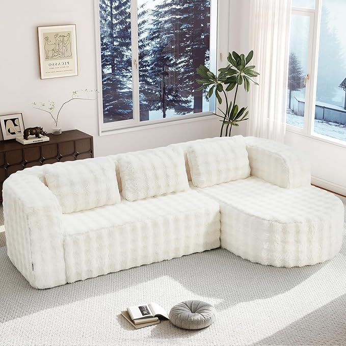 Hobestluk 96" Cloud Sectional Couch Modern Boneless Couch 3 Seater with Oversized Chaise L Shaped Modular Sofa Couches for Living Room Apartment No Assembly Required (Bubble White,Right Facing Chaise)