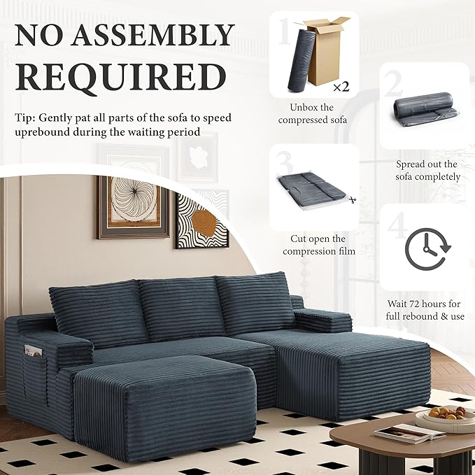 96" Sectional Couches for Living Room Cloud Couch Sofa with L-Shape Upholstered Boneless Couchs Modern Modular Sectional Couch with Chaise (Dark Grey, 96" W+Right Facing Chaise+2Seaters+Ottoman)