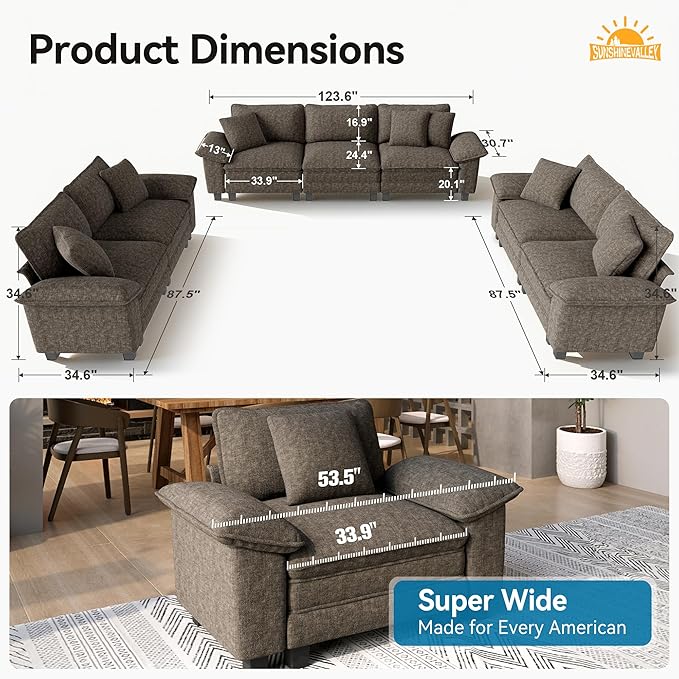 3 Piece Living Room Sofa Furniture Set, Chenille Modular 2 Loveseat and 3-Seat Couch with Wider Armrest and Pillow, 7-Seat Modern Sectional Cloud Deep Seat for Apartment, Smoky Grey