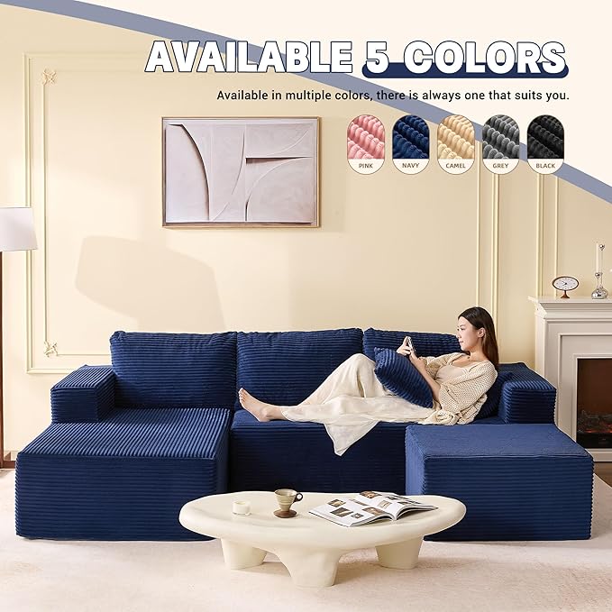 107" Boneless Couch with Deep Seat, Set of Modular Sectional Sofa, Cloud Sectional Couch for Living Room, No Assembly Required, Corduroy, U-Shape 3 Seater Left, Blue