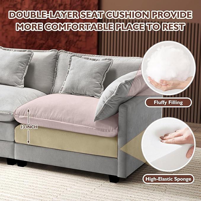 Ihanherry 146" U-Shaped Modern Sofa Modular Sectional Cloud Couch with 2 Ottoman, 6-Seat Chenille Deep Seat Sofa with 6 Pillows for Living Room, Bedroom and Apartment, Grey
