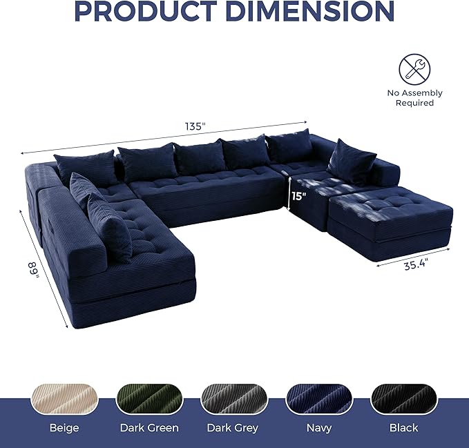 MAXYOYO Modular Sectional Sofa Couch, Foldable Oversized U Shaped Cloud Couch with Pillows, Tufted Boneless Sleeper Lounger Floor Sofa Bed for Living Room, No Assembly Required, Navy