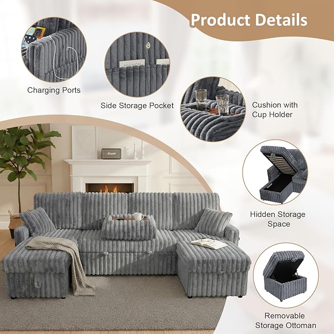 104" U Shaped Sleeper Sofa Bed, Sectional Couches for Living Room, Plush Corduroy Pull Out Couch Bed with Storage, Modular Sectional Couch with Charging Station, Cup Holder, Side Pocket, Light Grey