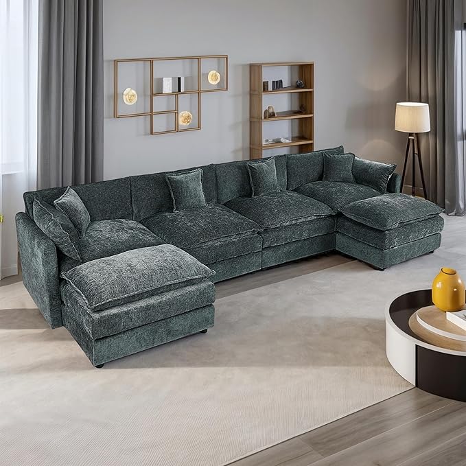 Setawix Deep 4 Seater Couch with Ottomans,147.22" U-Shaped Cloud Couches for Living Room,Chenille Cloud Sofa Couch with Foorest,Modular Sectional U Shape 4 Seat Sofa for Bedroom (Grey, 4+2)